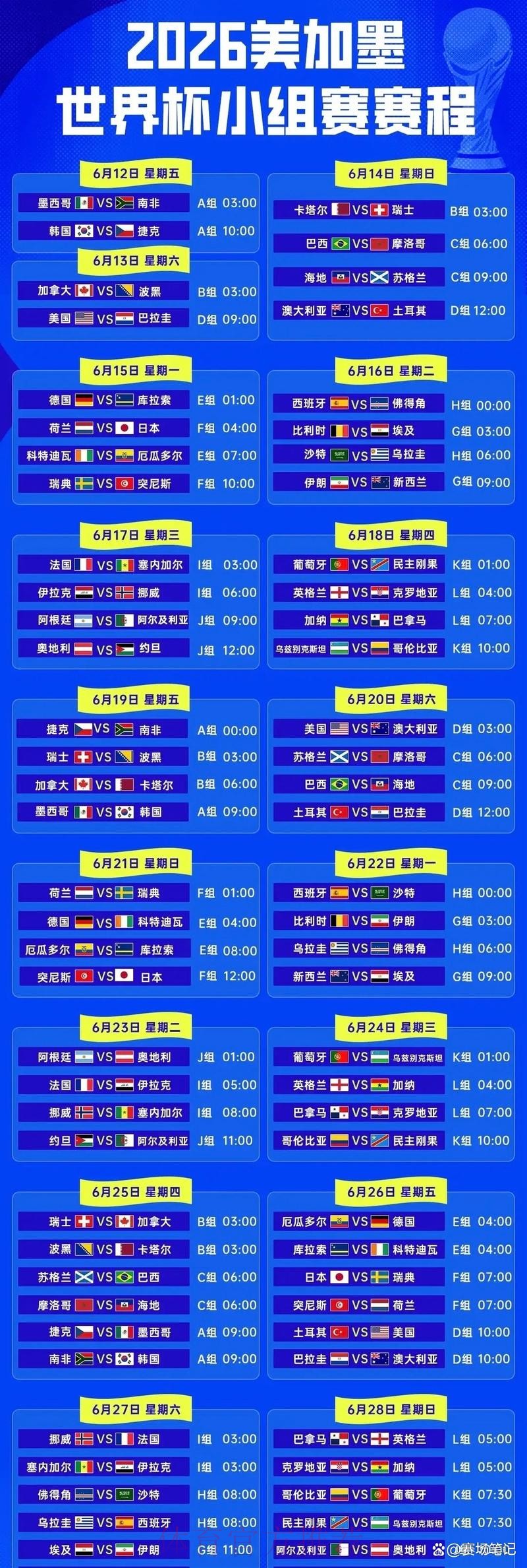 2026世界杯赛事时间安排表 2026世界杯赛事时间安排表